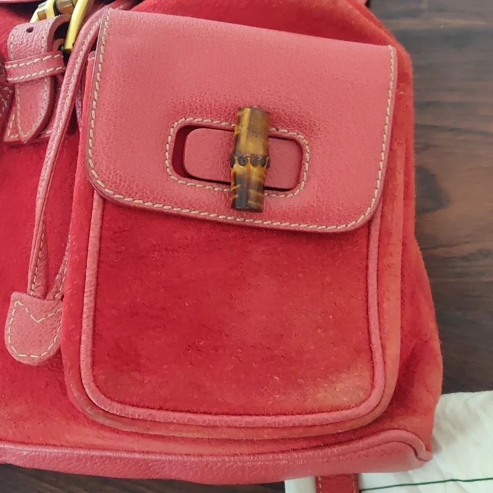 Red Suede Gucci Backpack Vintage Bamboo - Picture 11 of 17
